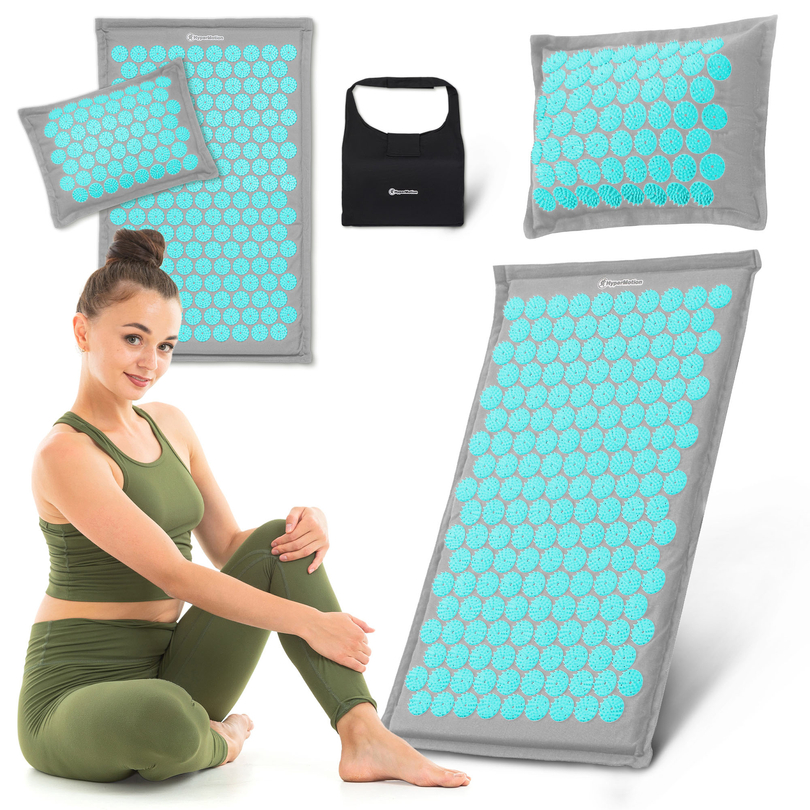 EKO lina akupresūras paklājiņš ar kokosriekstu šķiedru un griķu spilvenu – 68 cm HyperMotion pelēks-minētīgs