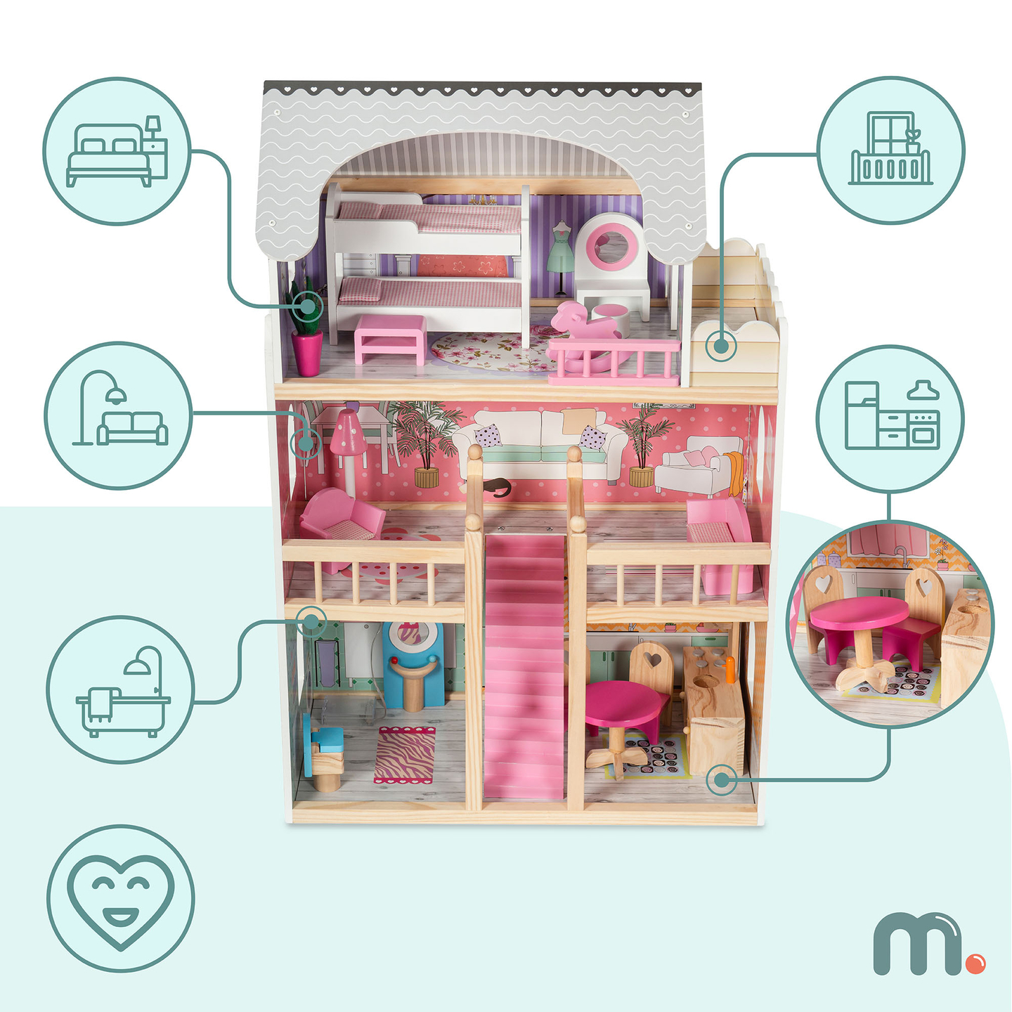 Liela koka trīsstāvu leļļu māja ar terasi, mēbeļu komplektu un LED apgaismojumu!