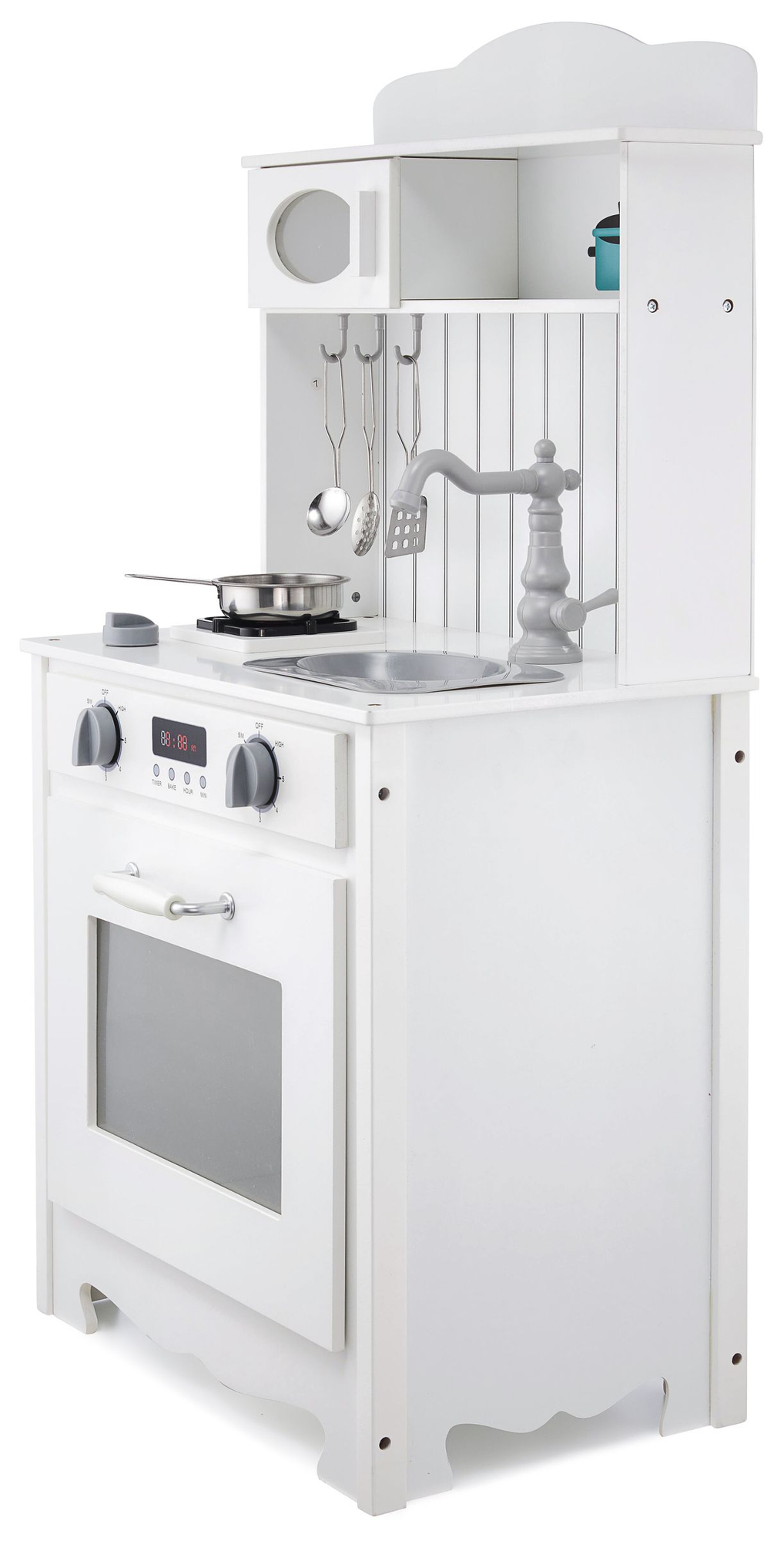 Balta koka virtuve ar priekšautu, piederumiem un LED lampu