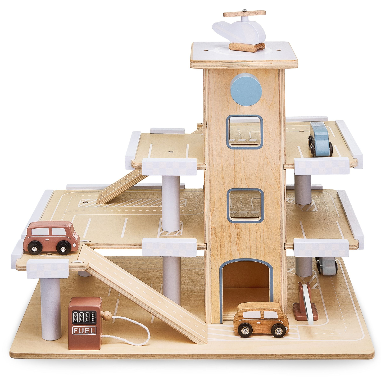 Koka trīsstāvu autostāvvieta ar liftu - garāža ar automašīnām un helikopteru