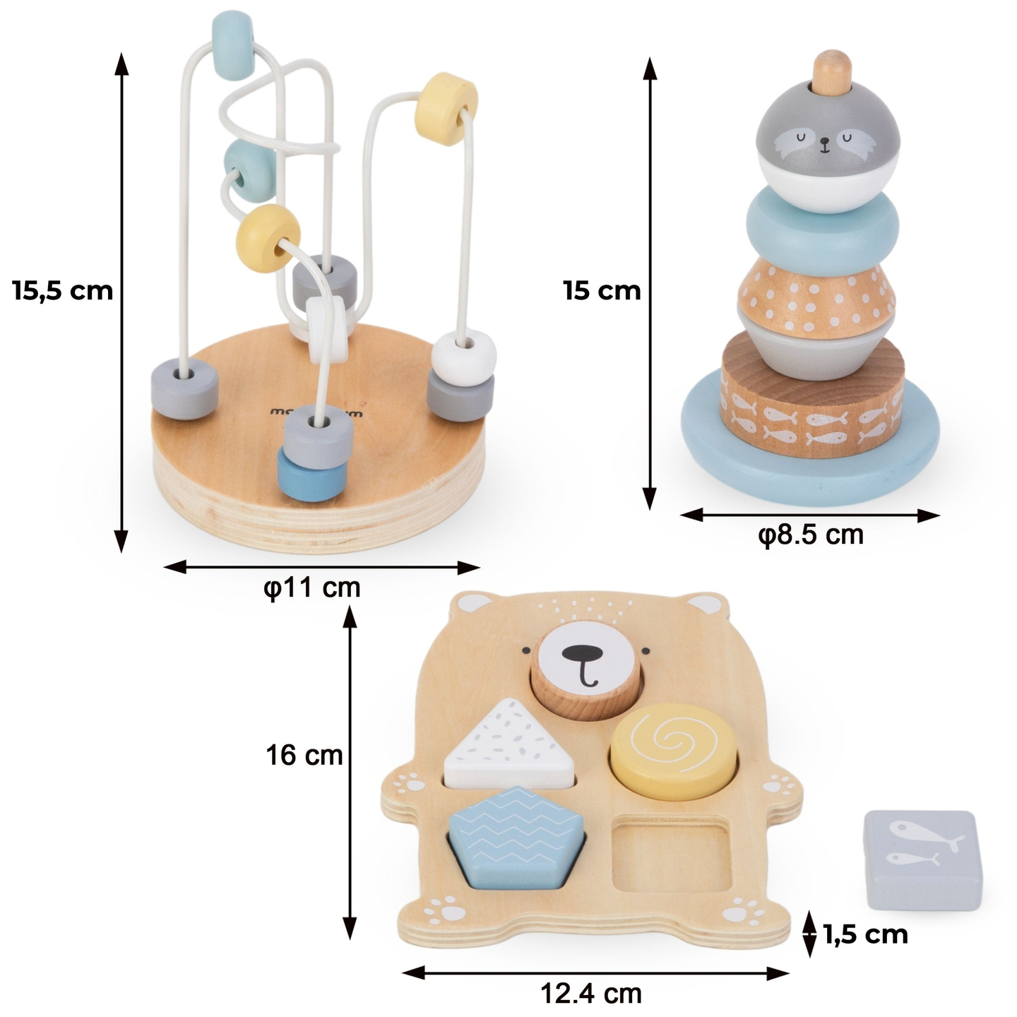 Koka rotaļlietu komplekts - krāsains pārīšu komplekts, roņu piramīda, lācīšu šķirotājs