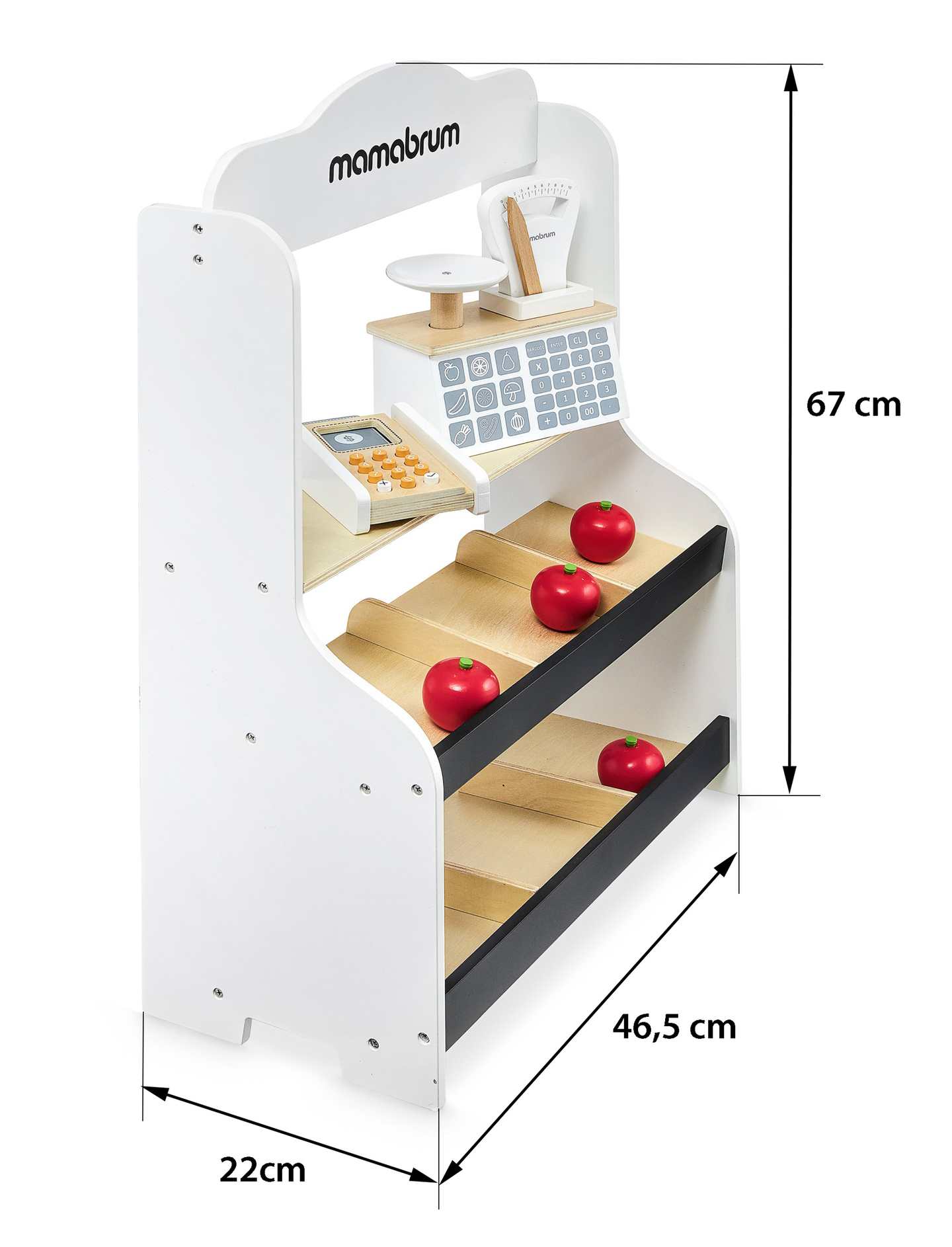 Mini tirdziņš - veikals ar svariem, terminālu, maksājumu karti un augļiem