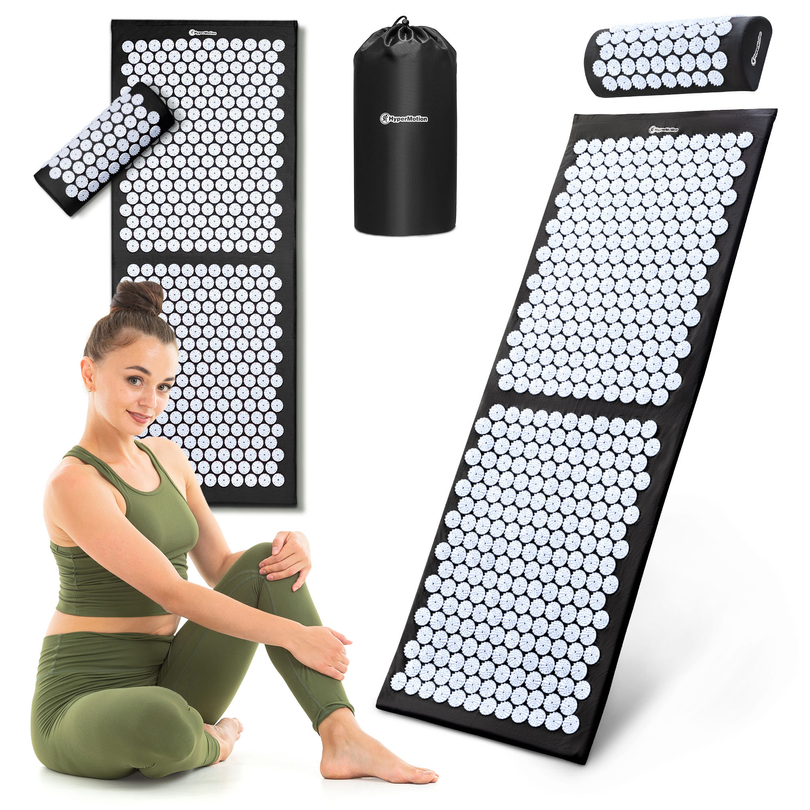 Liels akupresūras paklājiņš ar spilvenu un pārvalku - 130 cm HyperMotion melnbalts