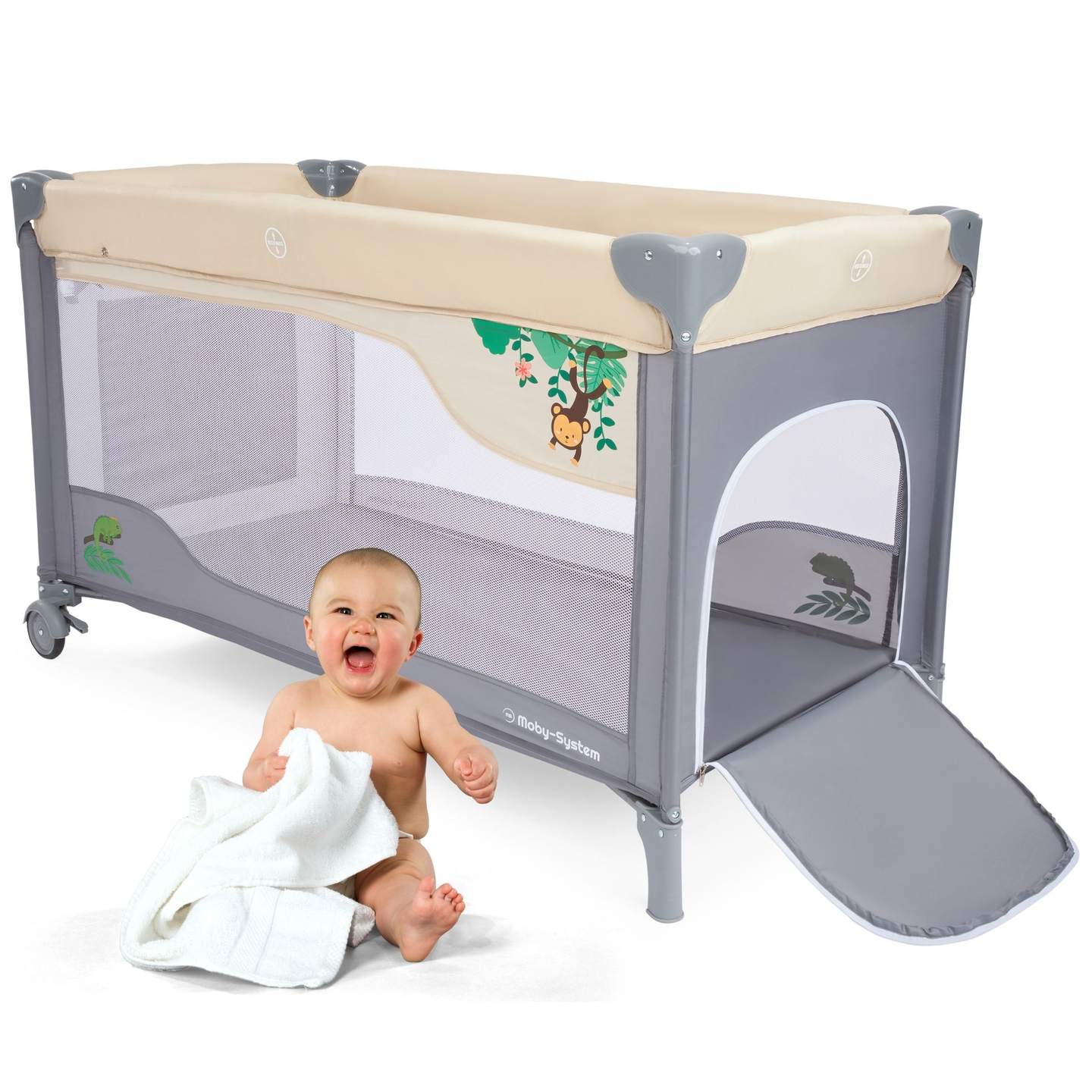 Ceļojumu gultiņa 0 - 36 m ar pārtinamo galdu + Moby-System HUXLEY sētiņa