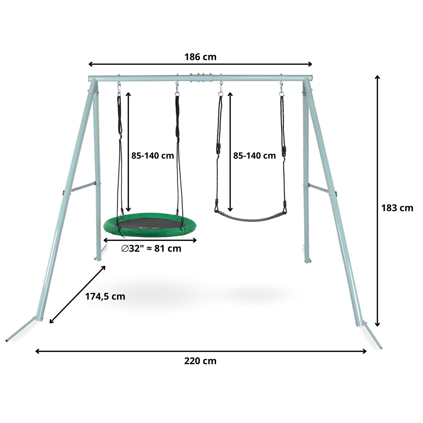 Dubultās dārza šūpoles ar rāmi un virvēm - sēdeklis un stārķa ligzda