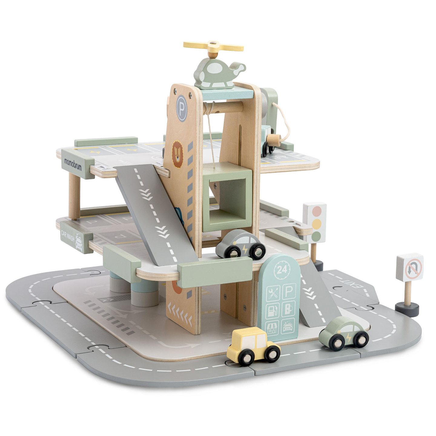 Koka trīsstāvu garāža bērniem ar aksesuāriem – autostāvvieta, degvielas uzpildes stacija, automazgātava, helikopters