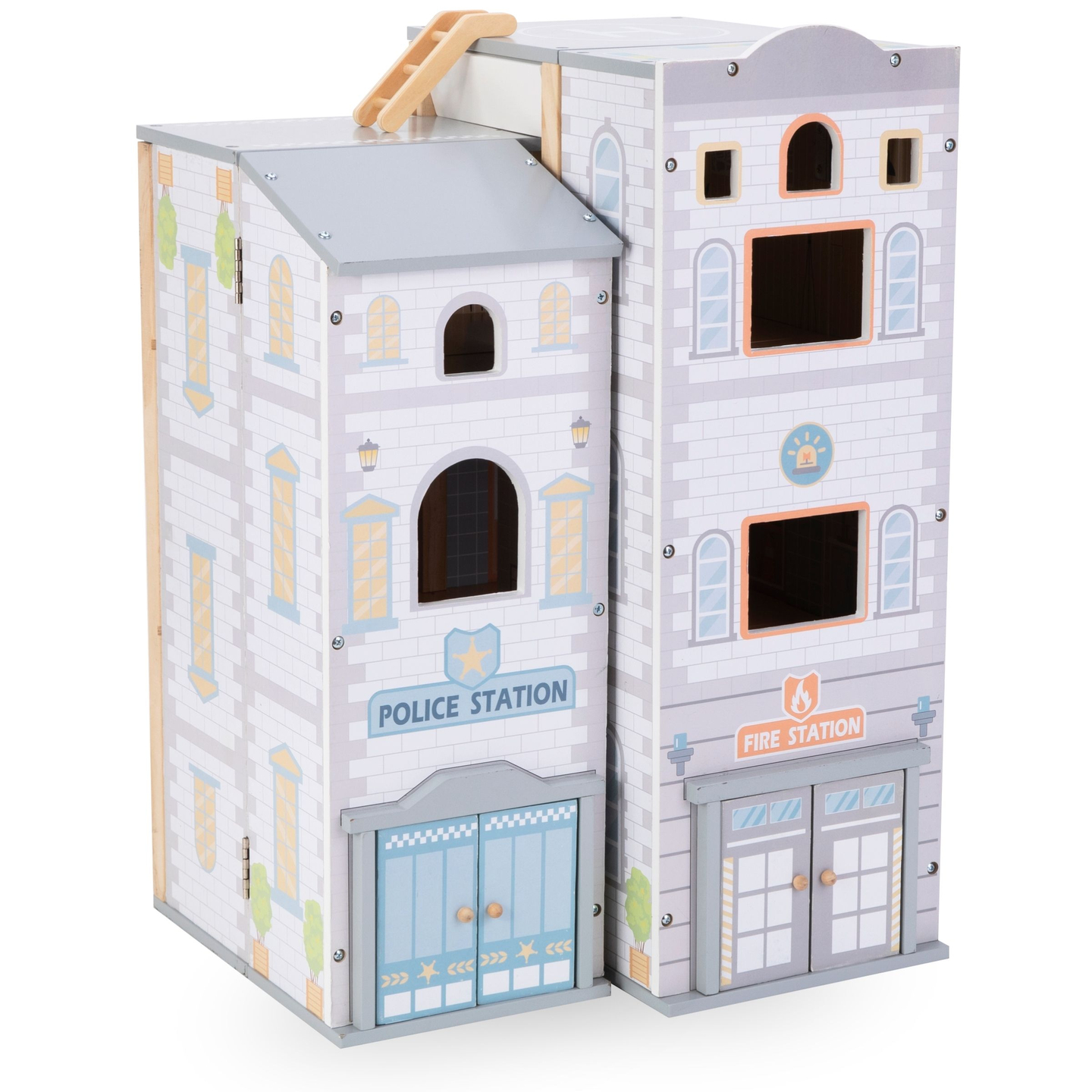 Liels saliekams ugunsdzēsēju depo ar policijas iecirkni - koka komplekts. Ugunsdzēsēju un policijas iecirknis ar piederumiem.