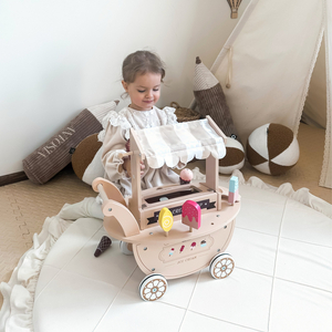 Koka saldējuma salons bērniem - ratiņi uz riteņiem ar piederumiem