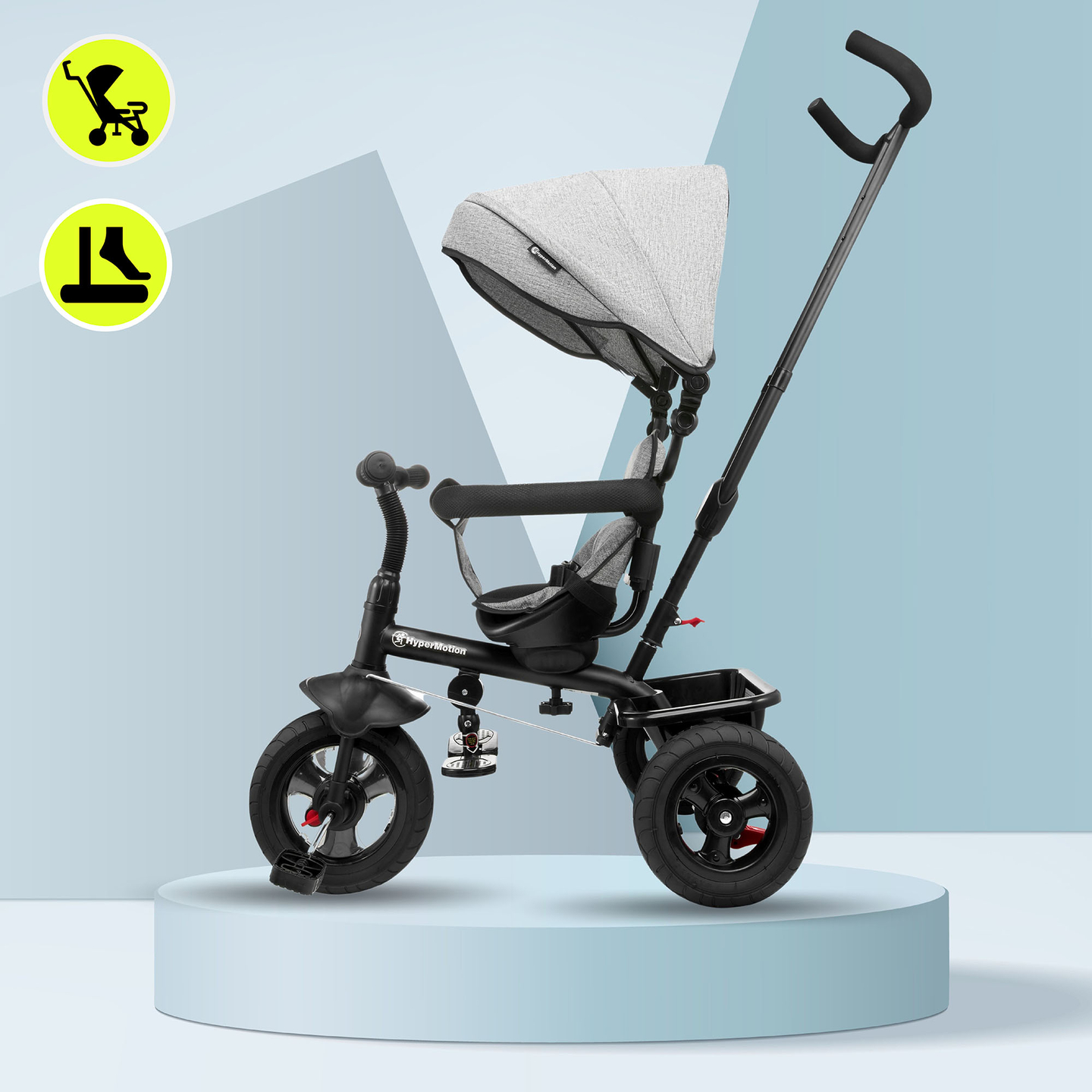 Tricikls bērniem no 1 līdz 4 gadiem - TOBI FREY - pelēka krāsa - grozāms - sūkņa riteņi + stūmējs