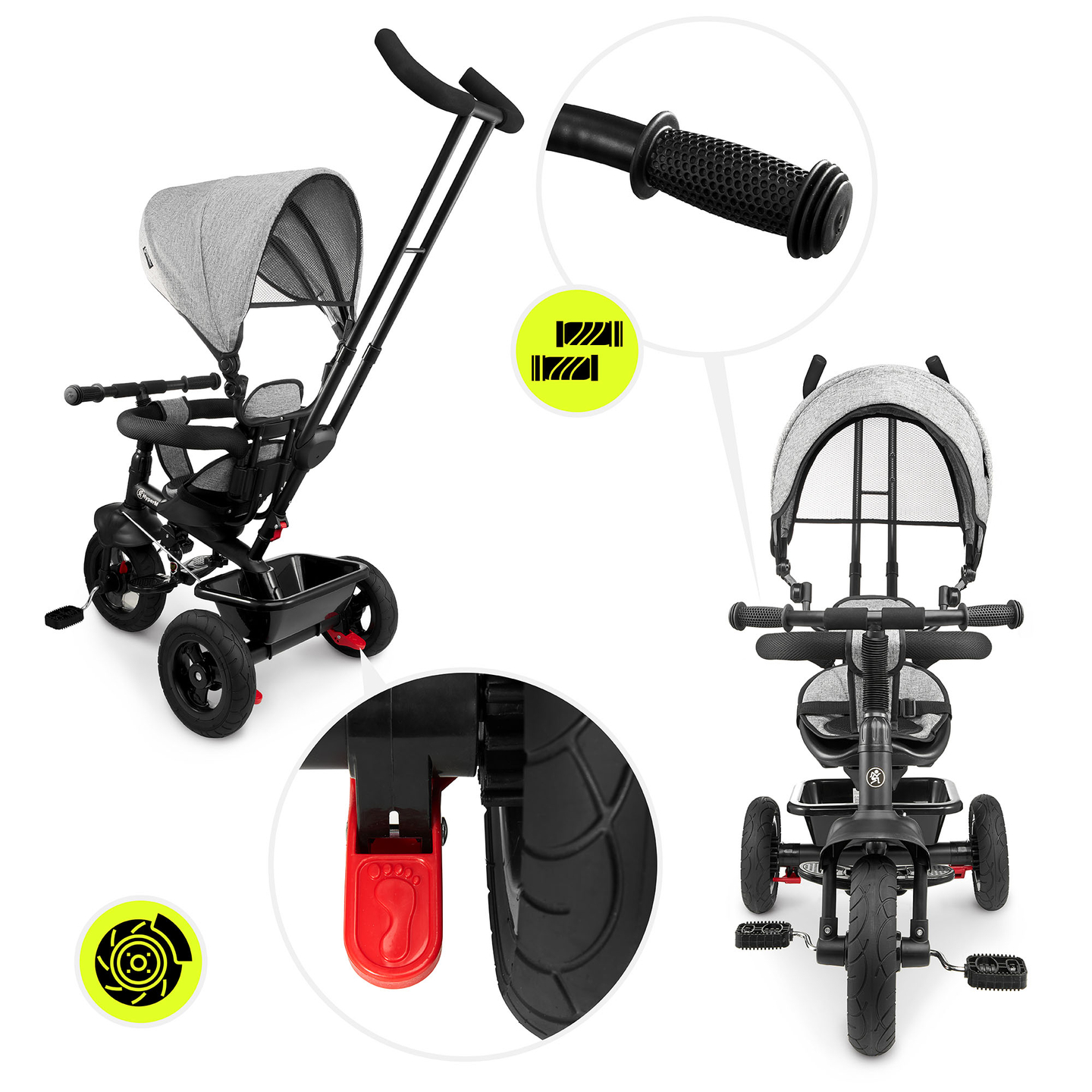 Tricikls bērniem no 1 līdz 4 gadiem - TOBI FREY - pelēka krāsa - grozāms - sūkņa riteņi + stūmējs