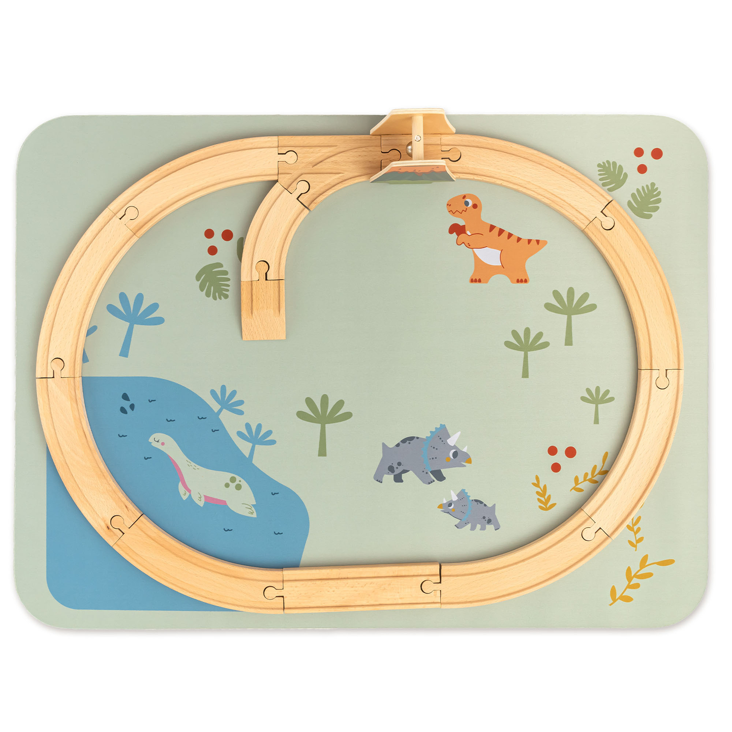 Dino Park koka vilcieniņš ar neslīdošu paklāju - dinozauri, vilcieniņš, sliedes, vulkāns, zvaniņš