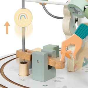 Koka apaļš izglītojošs galds ar magnētisko vilcieniņu un pērlīšu palaišanas ierīci