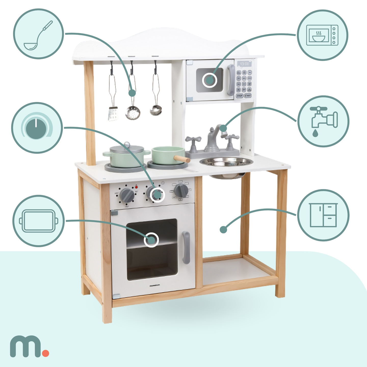 Koka bērnu virtuve ar mikroviļņu krāsni