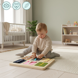 Koka Montessori manipulatīvais dēlis – Sensorā neatkarības apguve - šņores, sprādzes, pogas, spiedpogas, rāvējslēdzējs