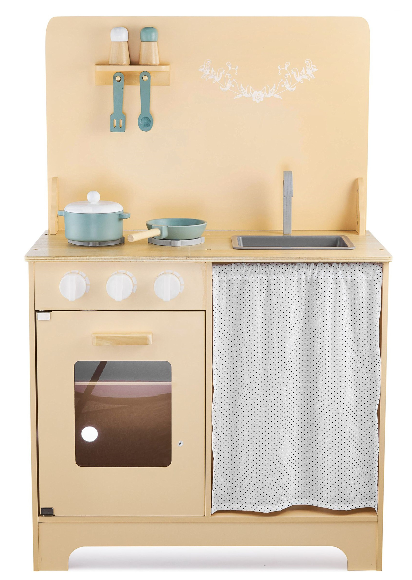 Koka virtuve ar priekšautu, aksesuāriem un LED apgaismojumu