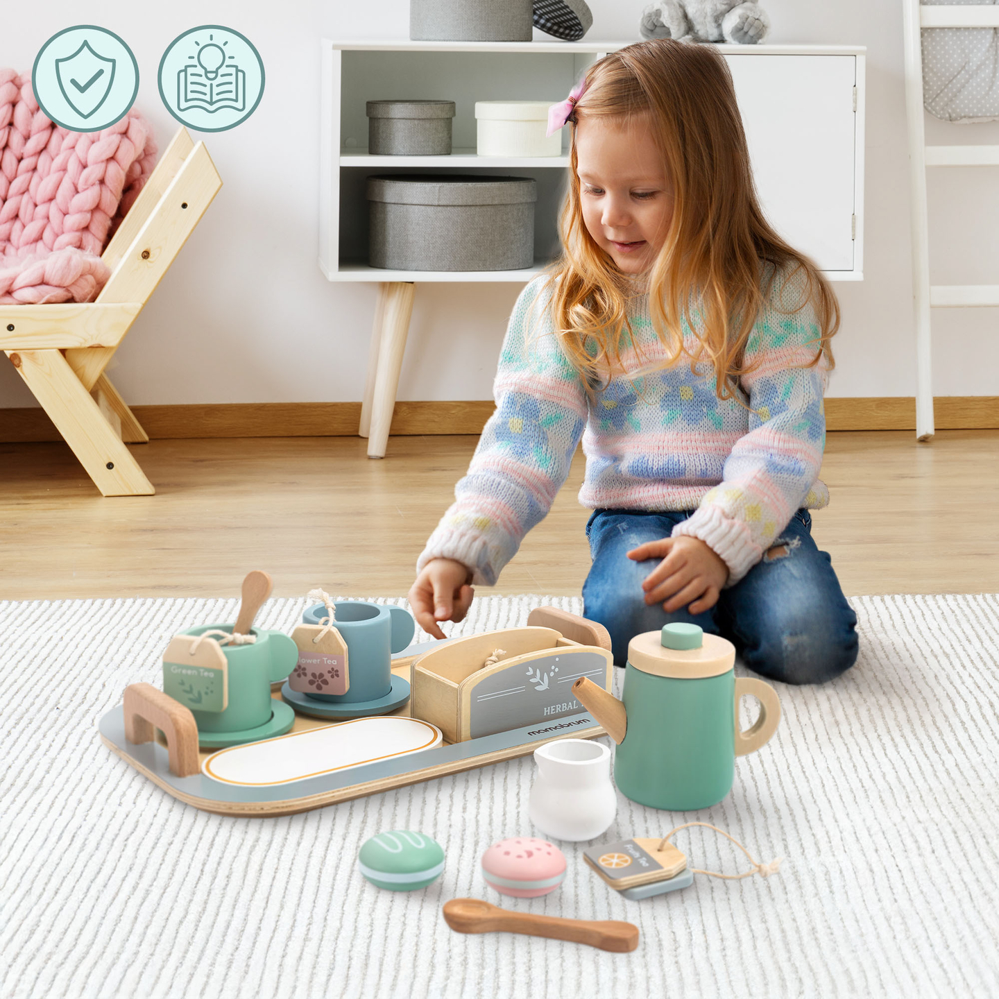 Liels koka tējas piederumu komplekts ar paplāti - 18 gab