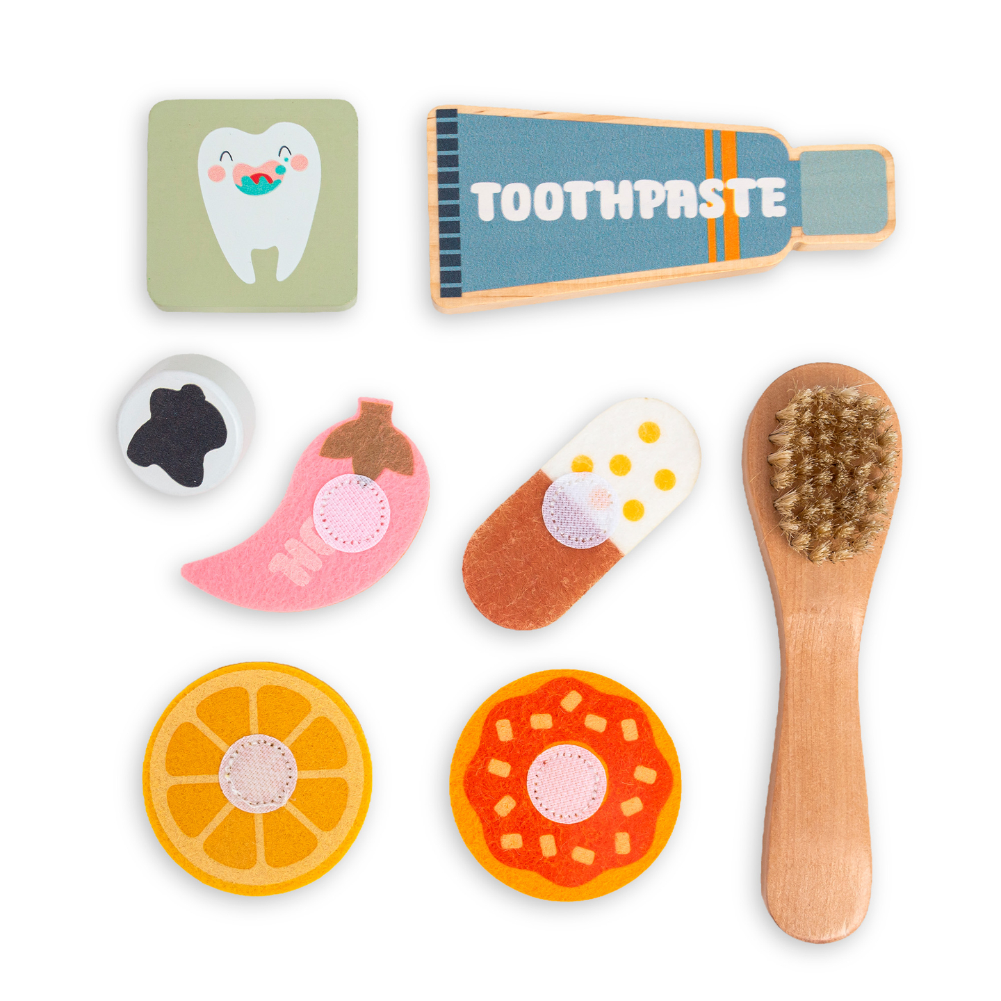 Koka Montessori mācību tāfele Mazais zobārsts - zobu birste, zobu pasta, izņemami zobi, spogulis, ēdiens, mācību garšas