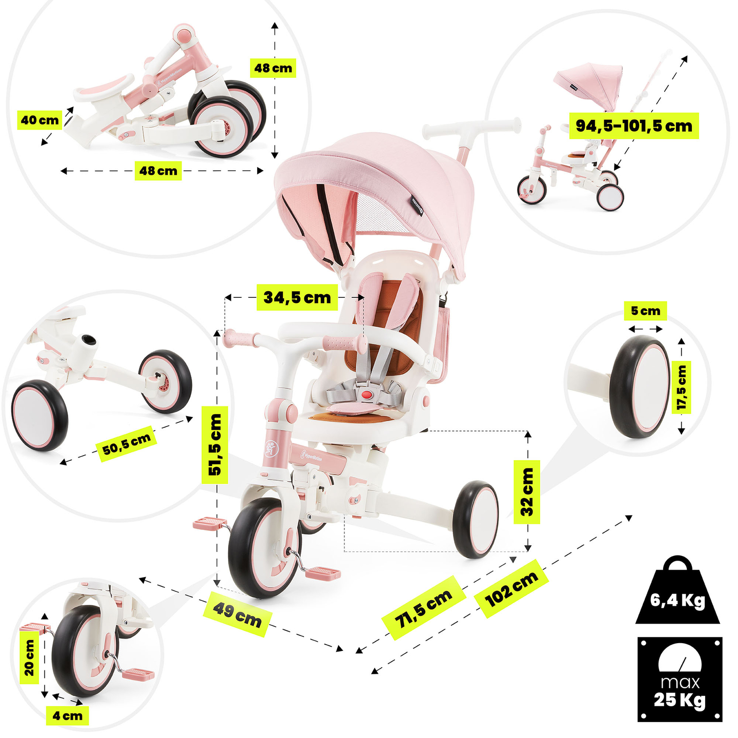 8in1 daudzfunkcionāls trīsritenis TOBI FOREST - rozā krāsā