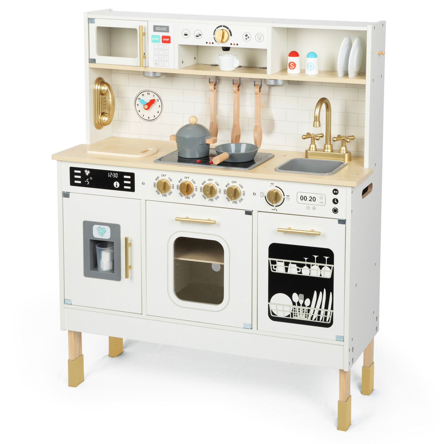 Interaktīvā XXL koka virtuve ar piederumiem un LED apgaismojumu - divlīmeņu