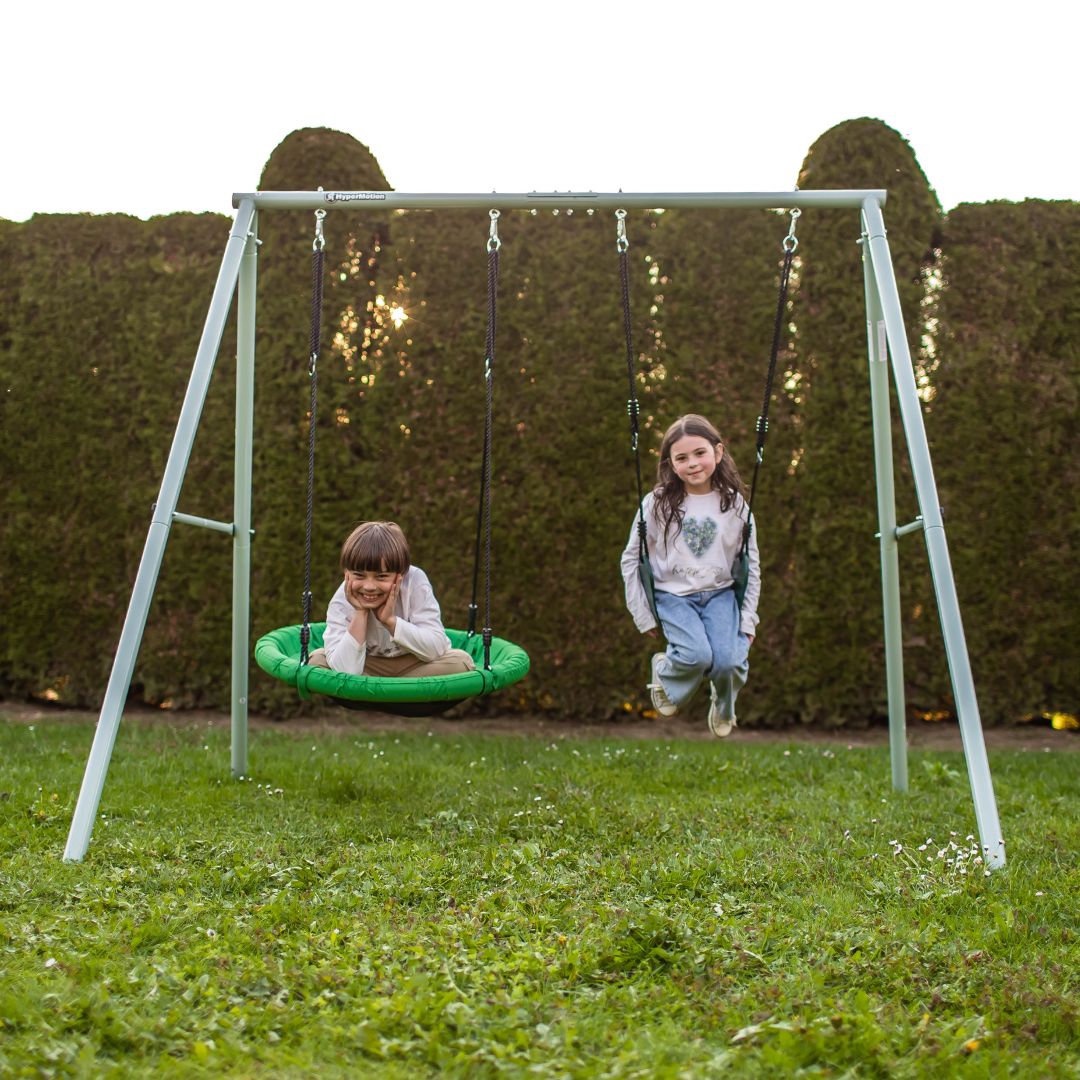 Dubultās dārza šūpoles ar rāmi un virvēm - sēdeklis un stārķa ligzda