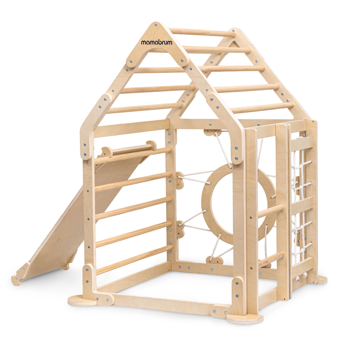 Koka iekštelpu rotaļu laukums bērniem - mājiņa ar kāpnēm un slidkalniņu