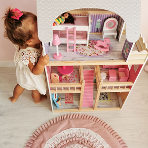 Liela koka trīsstāvu leļļu māja ar terasi, mēbeļu komplektu un LED apgaismojumu!