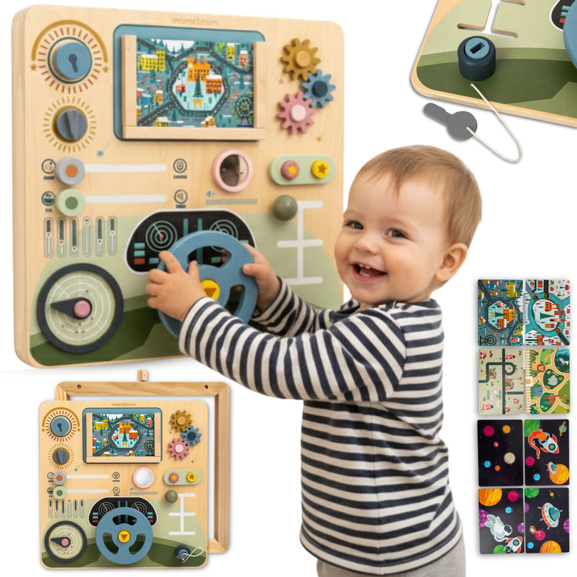 Koka Montessori dēlis 2 vienā kabīne mazajam vadītājam un pilotam – stūre, pārnesumu pārslēgs, ceļojumu kartes, radars